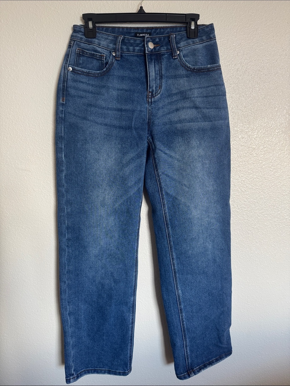 High-Rise Straight Leg Jeans in Medium Blue by FLANNEL